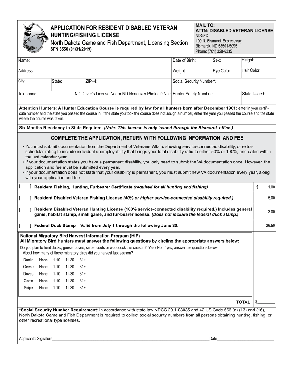 Form SFN6550 Application for Resident Disabled Veteran Hunting / Fishing License - North Dakota, Page 1