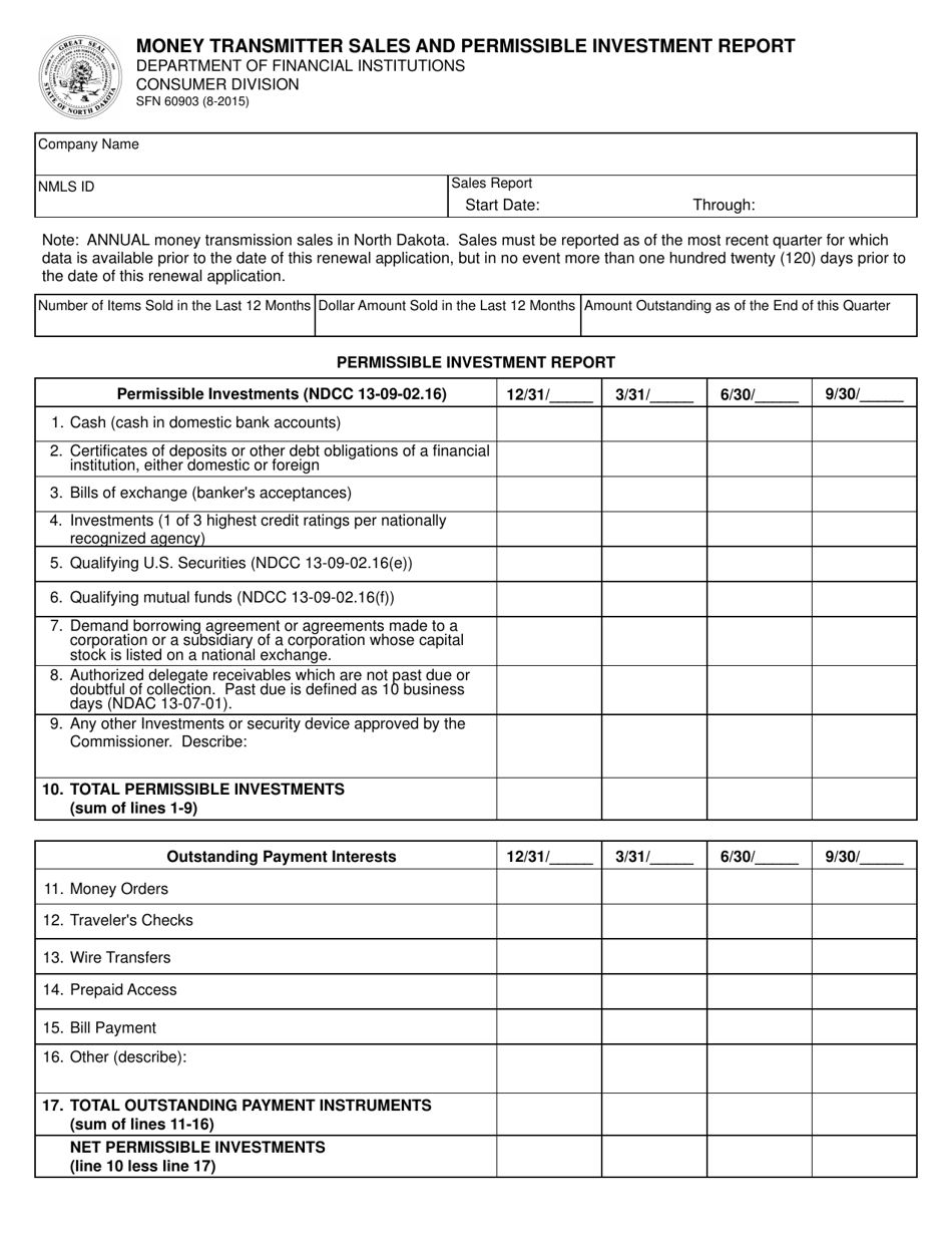 Form SFN60903 Money Transmitter Sales and Permissible Investment Report - North Dakota, Page 1