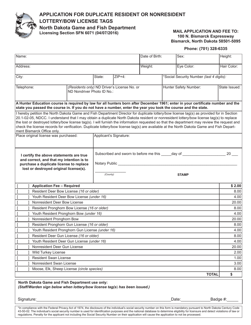 Form SFN6071 Download Printable PDF or Fill Online Application for