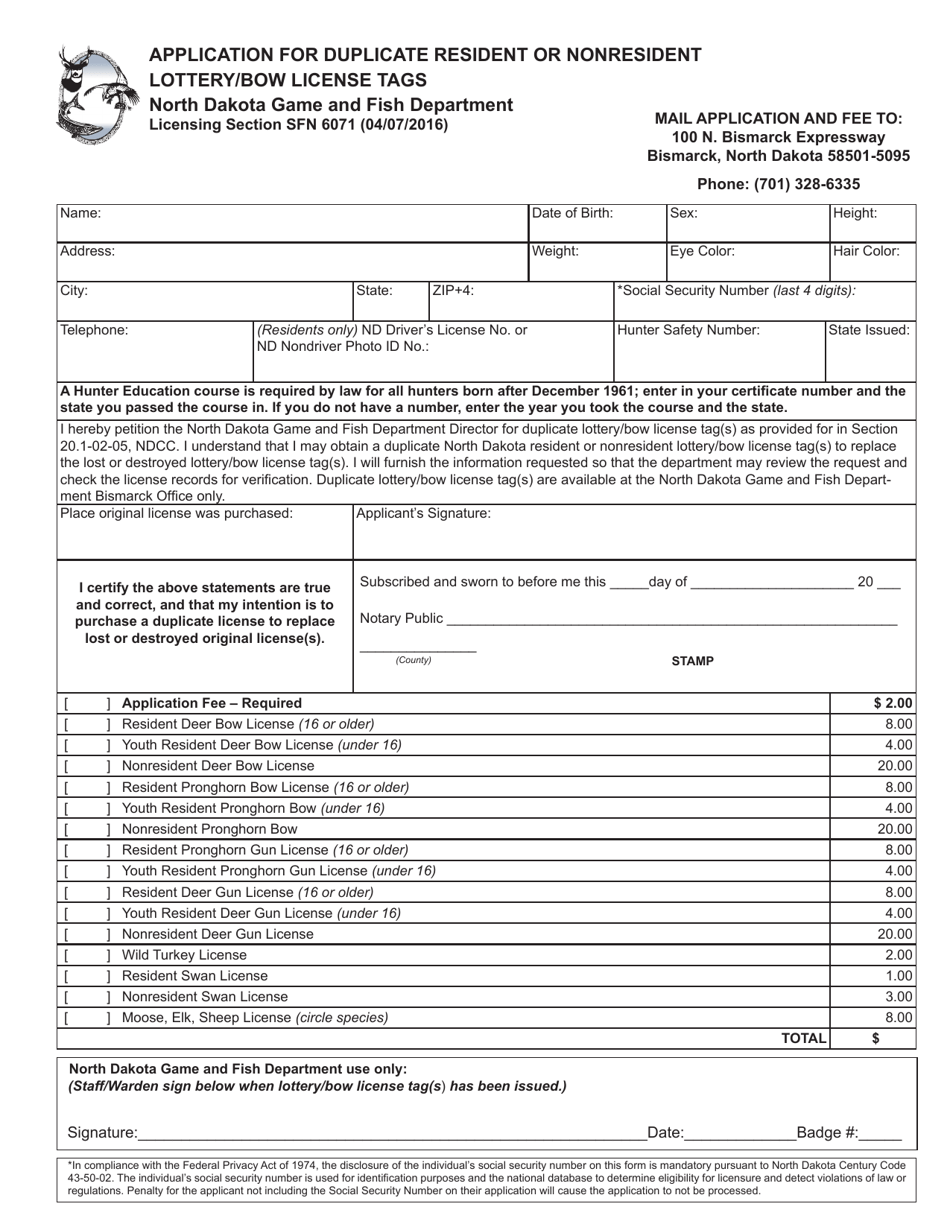 Form SFN6071 Application for Duplicate Resident or Nonresident Lottery / Bow License Tags - North Dakota, Page 1