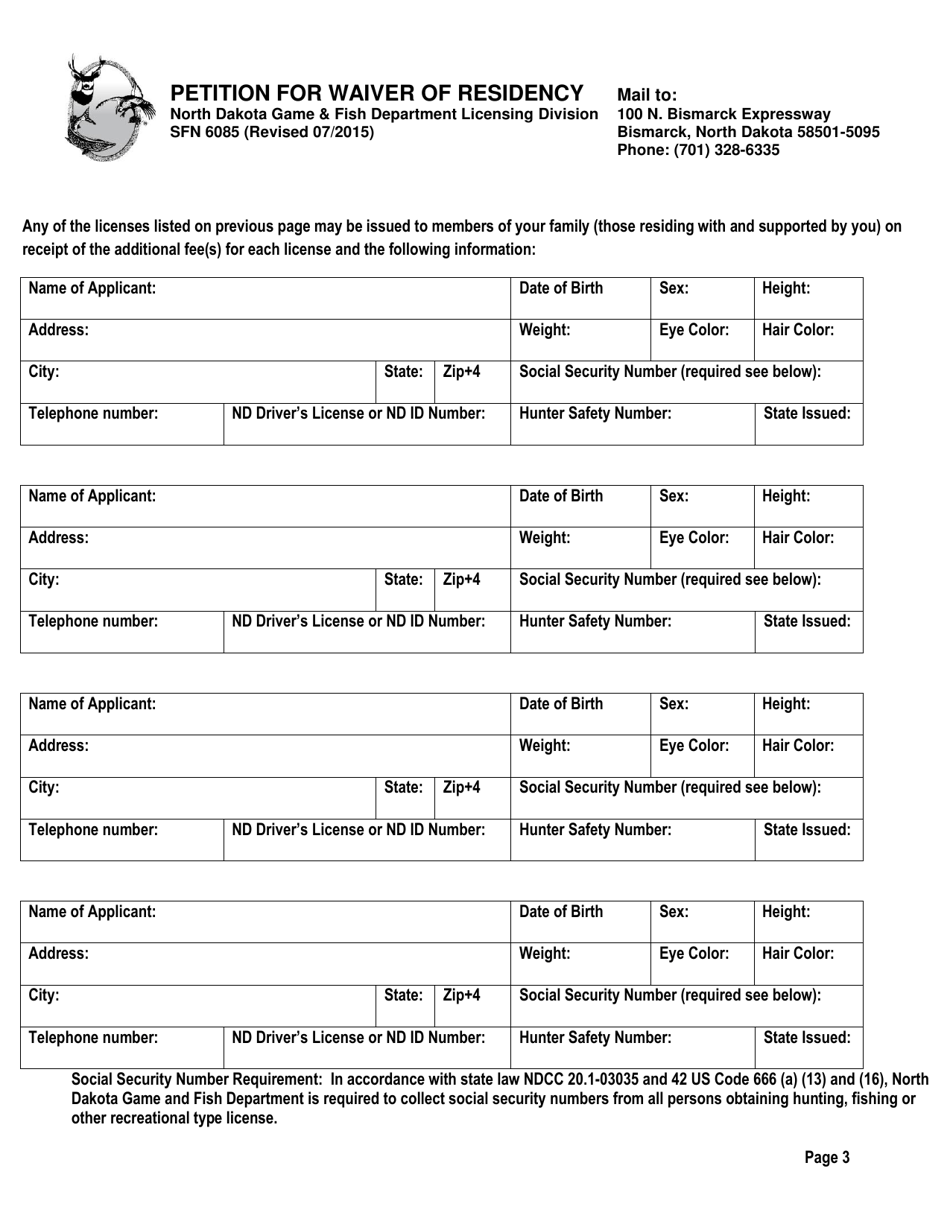 Form SFN6085 Petition for Waiver of Residency - North Dakota, Page 3