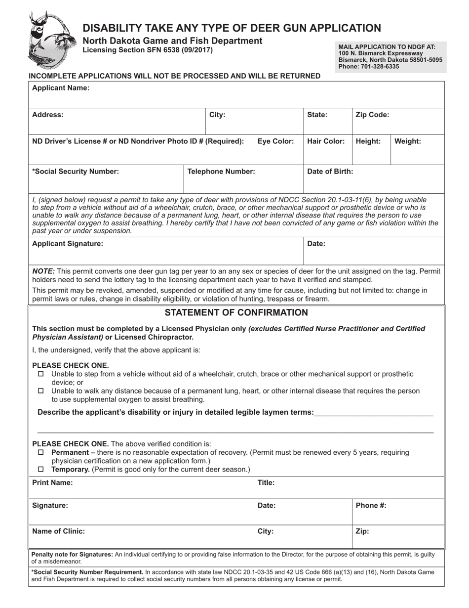 Form SFN6538 Disability Take Any Type of Deer Gun Application - North Dakota, Page 1