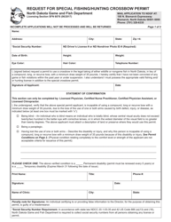 Form SFN6076 Request for Special Fishing/Hunting Crossbow Permit - North Dakota