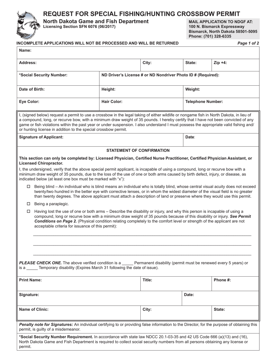Form SFN6076 Request for Special Fishing / Hunting Crossbow Permit - North Dakota, Page 1