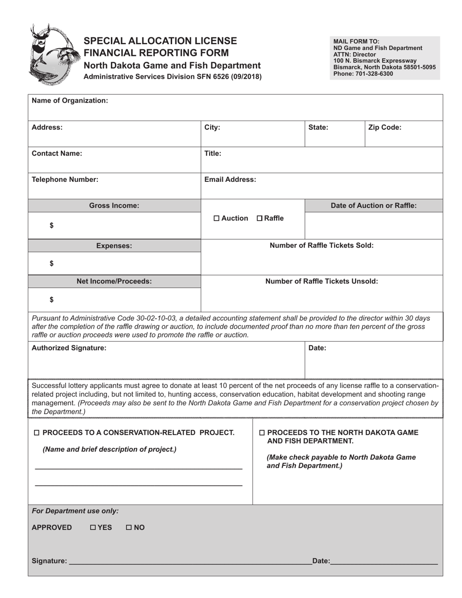 Form SFN6526 Special Allocation License Financial Reporting Form - North Dakota, Page 1