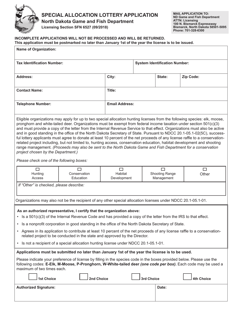 Form SFN6527 Special Allocation Lottery Application - North Dakota, Page 1