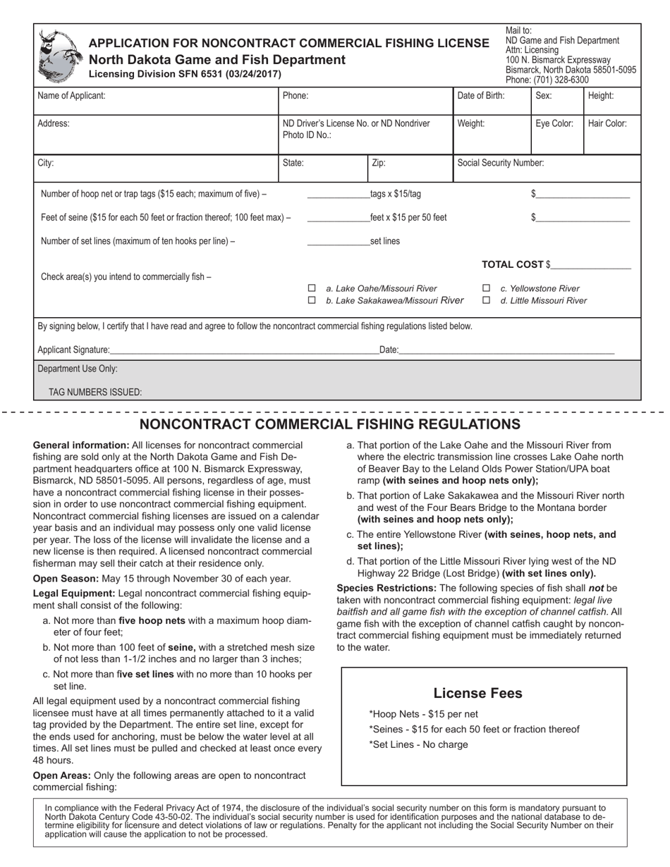 Form SFN6531 Application for Noncontract Commercial Fishing License - North Dakota, Page 1