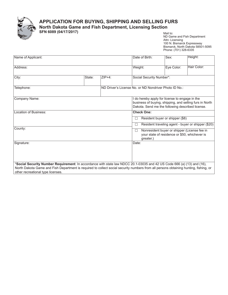 Form SFN6089 Application for Buying, Shipping and Selling Furs - North Dakota, Page 1