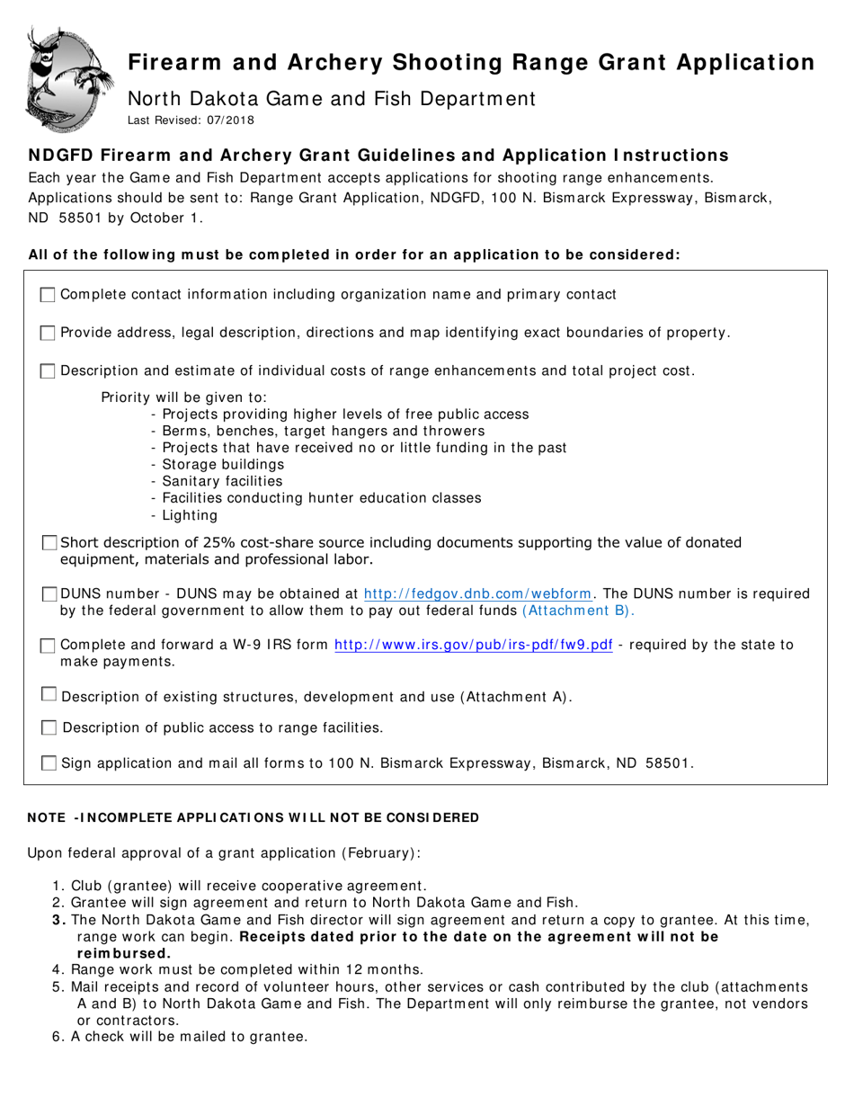 North Dakota Firearm and Archery Shooting Range Grant Application Form Fill Out, Sign Online
