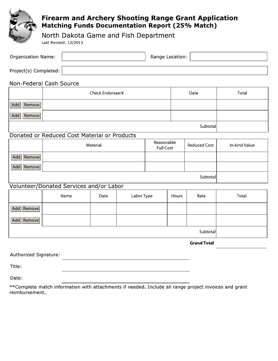 Firearm and Archery Shooting Range Grant Application Matching Funds Documentation Report (25% Match) - North Dakota, Page 1