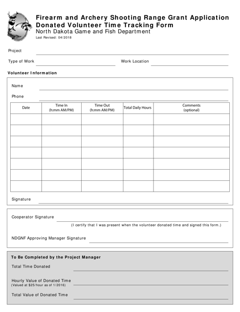 Firearm and Archery Shooting Range Grant Application Donated Volunteer Time Tracking Form - North Dakota Download Pdf