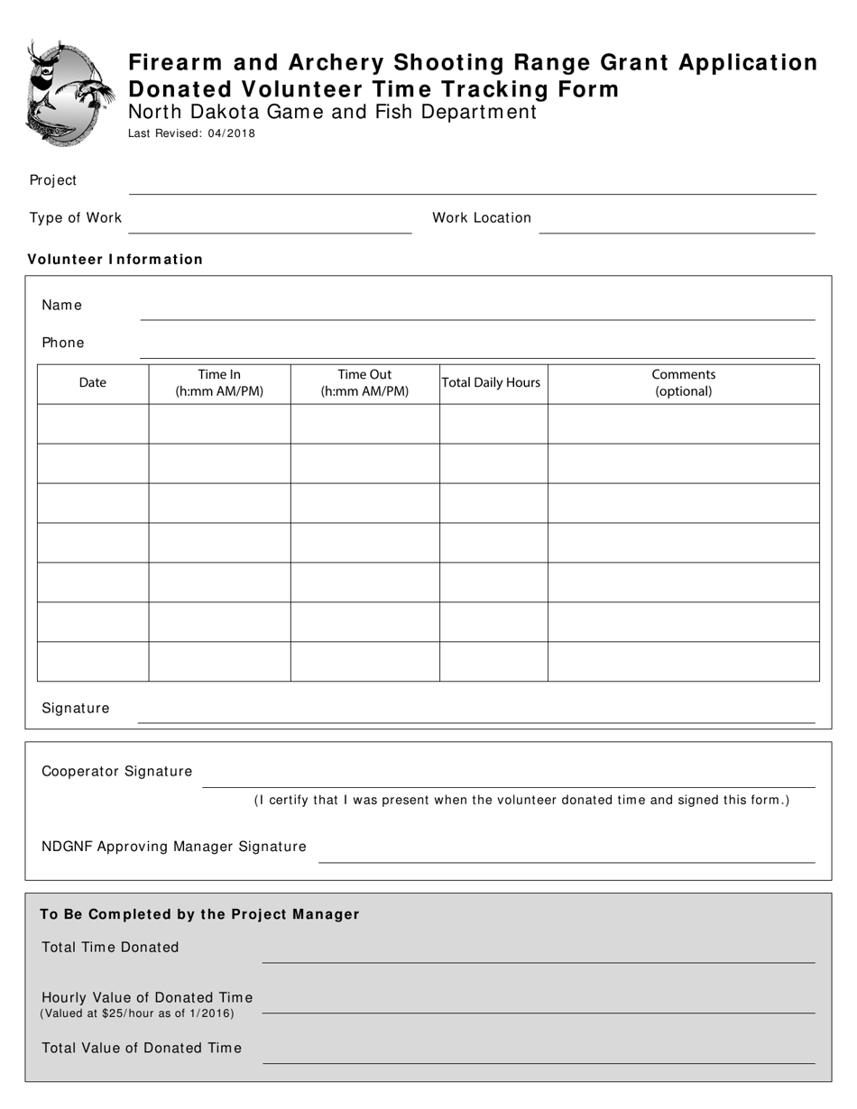 Firearm and Archery Shooting Range Grant Application Donated Volunteer Time Tracking Form - North Dakota, Page 1