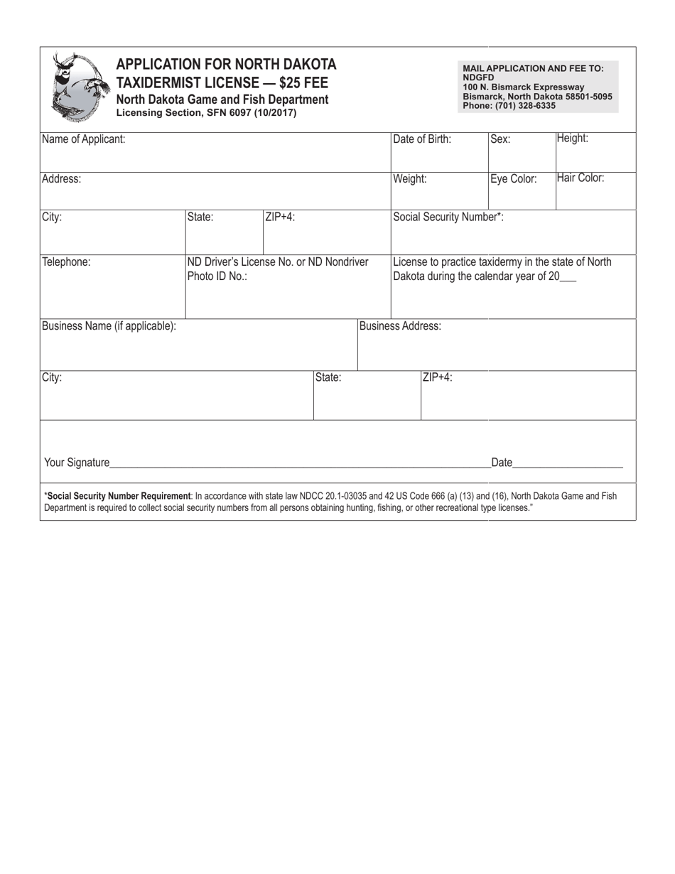 Form SFN6097 Application for North Dakota Taxidermist License - North Dakota, Page 1
