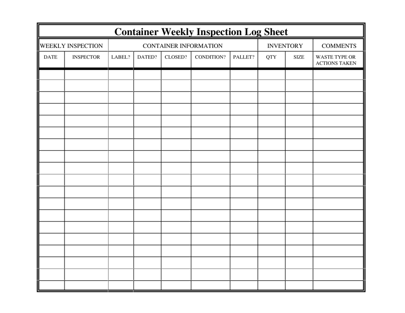 Container Weekly Inspection Log Sheet - North Dakota