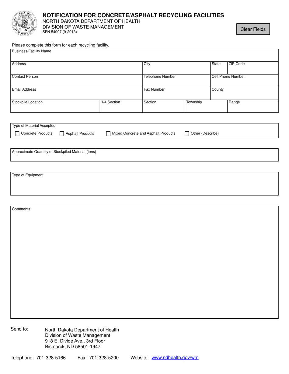 Form SFN54097 Notification for Concrete / Asphalt Recycling Facilities - North Dakota, Page 1
