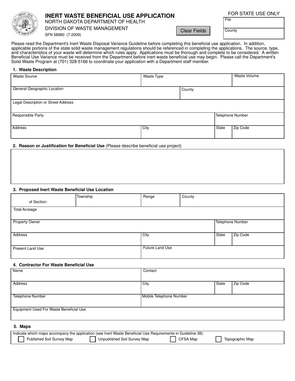 Form SFN58980 Inert Waste Beneficial Use Application - North Dakota, Page 1