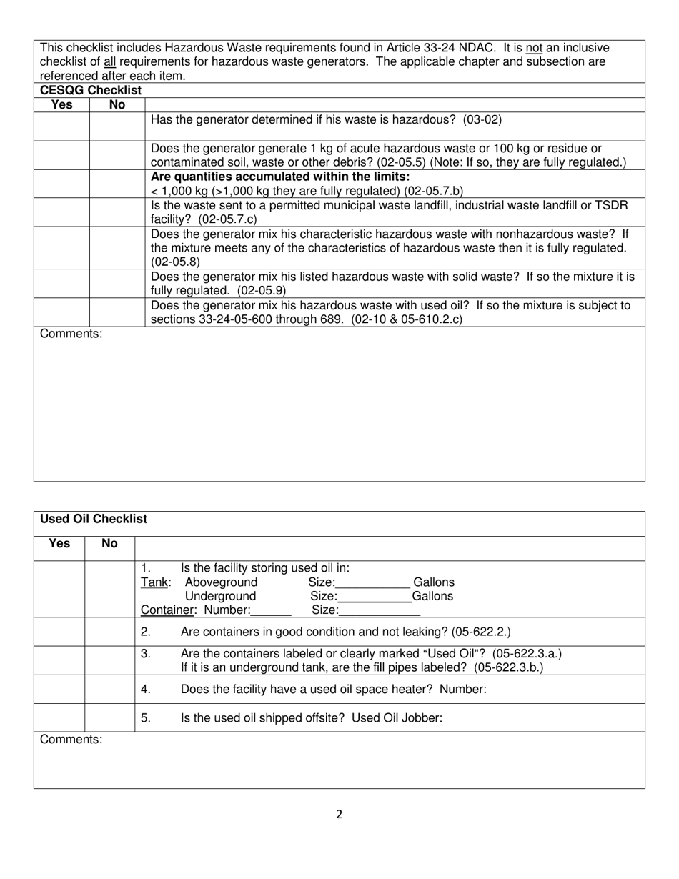 Small Quantity and Conditionally Exempt Small Quantity Generator Inspection Checklist - North Dakota, Page 2