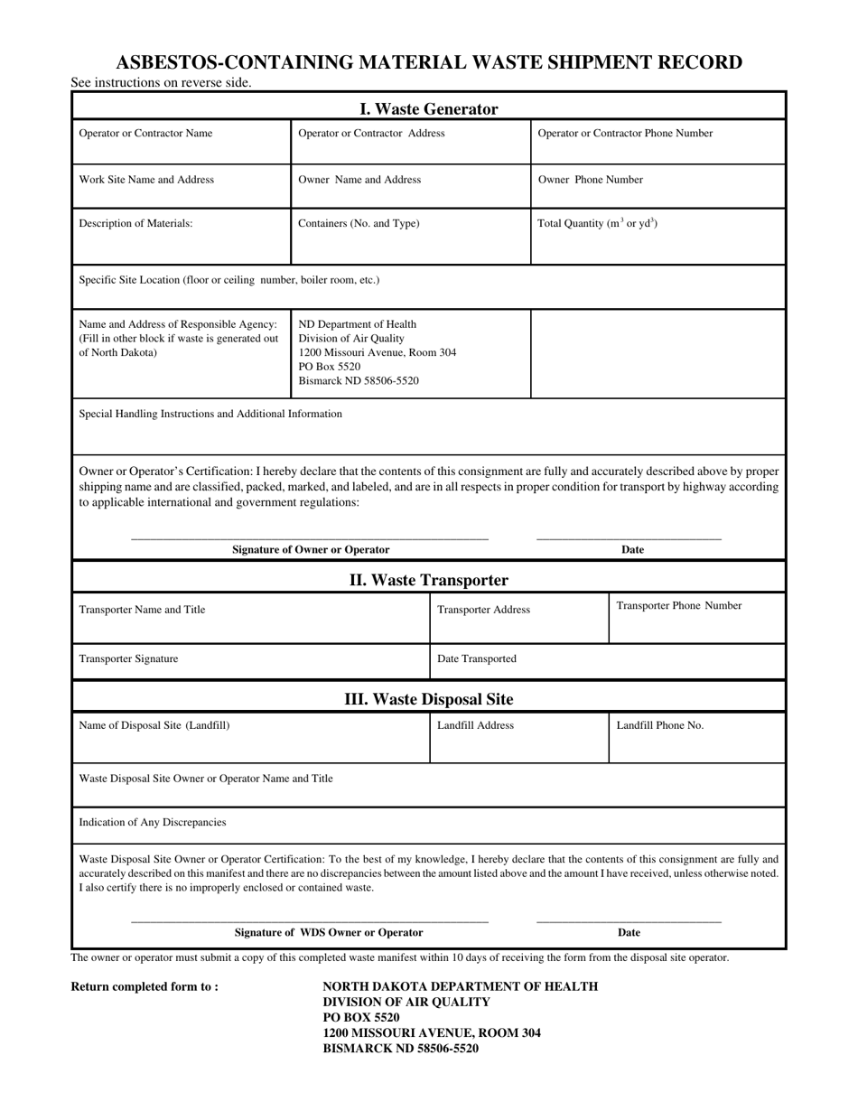 Asbestos-Containing Material Waste Shipment Record Form - North Dakota, Page 1