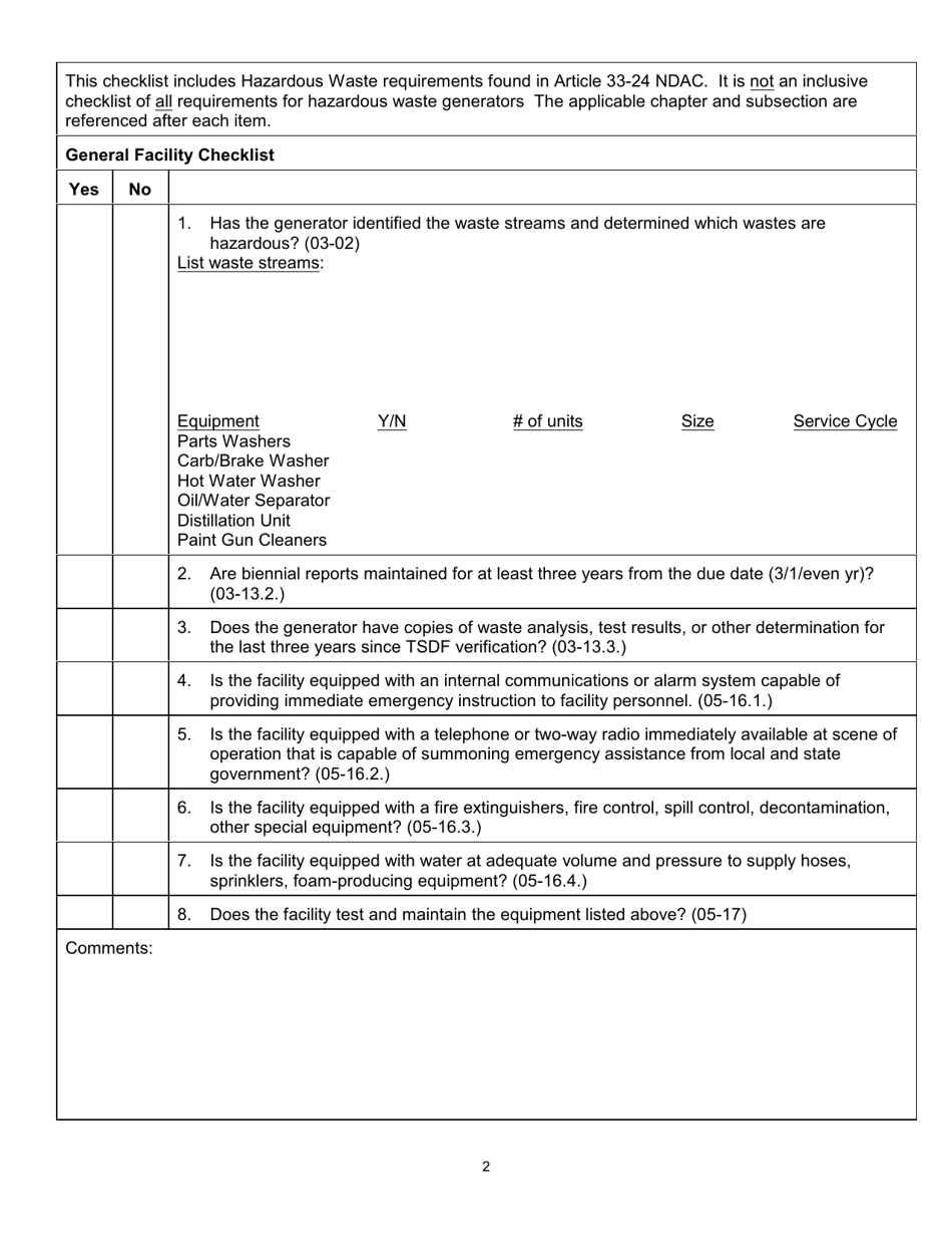 North Dakota Large Quantity Generators and Tsdf Inspection Checklist