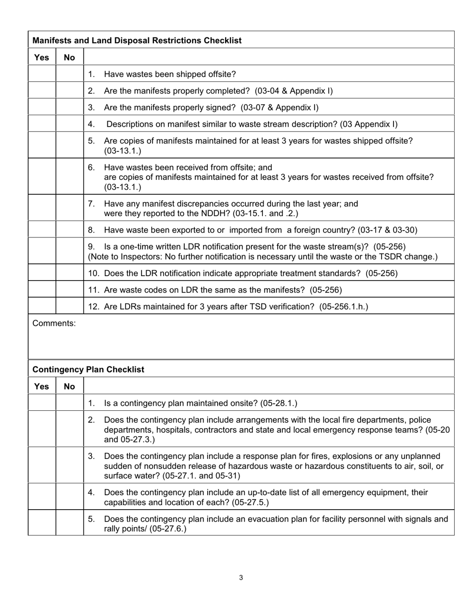 North Dakota Large Quantity Generators and Tsdf Inspection Checklist ...