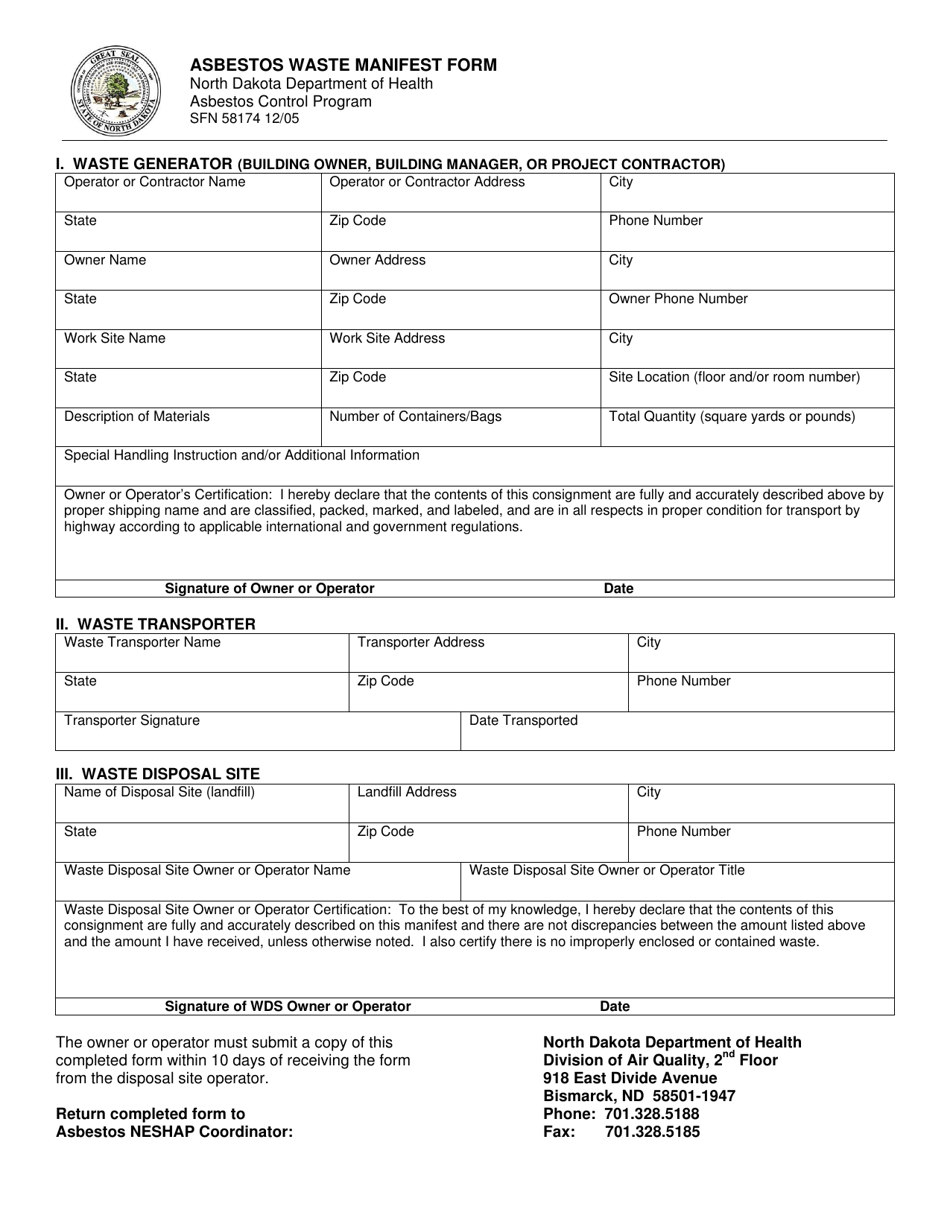 Form SFN58174 Asbestos Waste Manifest Form - North Dakota, Page 1