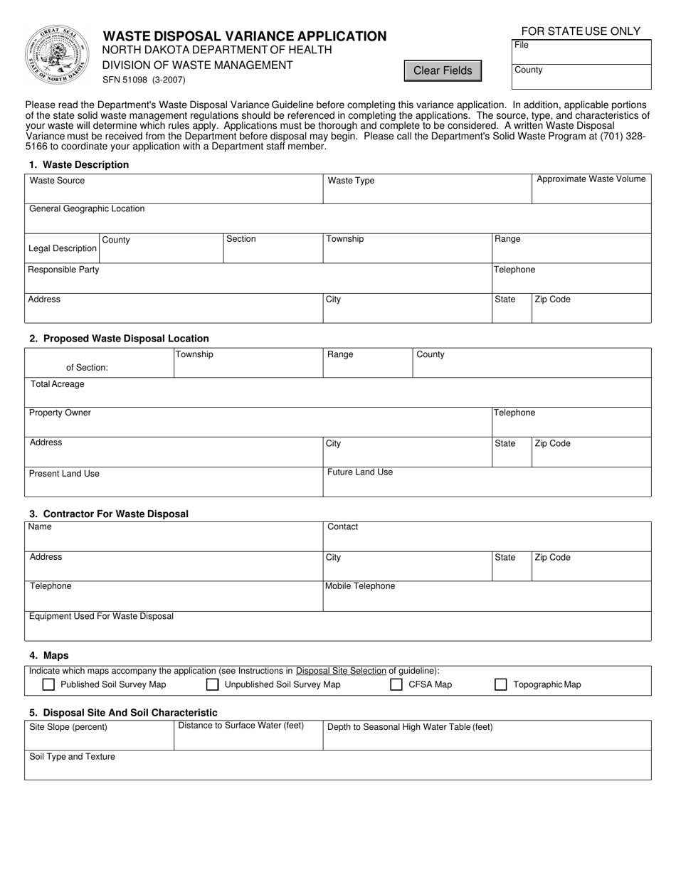 Form SFN51098 Waste Disposal Variance Application - North Dakota, Page 1