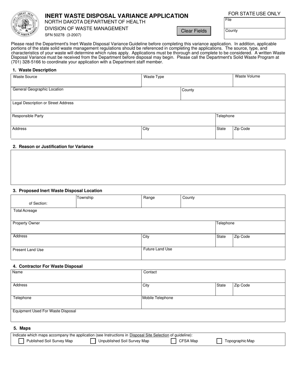 Form SFN50278 Inert Waste Disposal Variance Application - North Dakota, Page 1