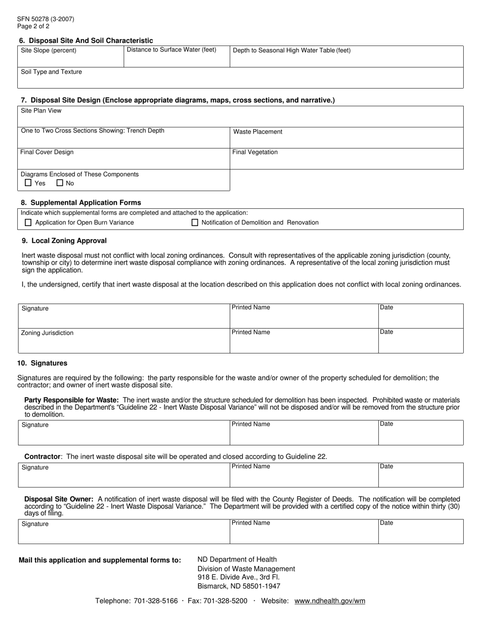 Form SFN50278 Inert Waste Disposal Variance Application - North Dakota, Page 2