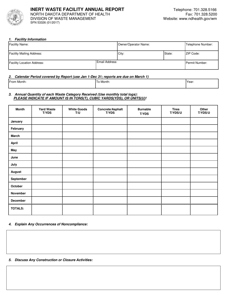 Form SFN53326 Inert Waste Facility Annual Report - North Dakota, Page 1