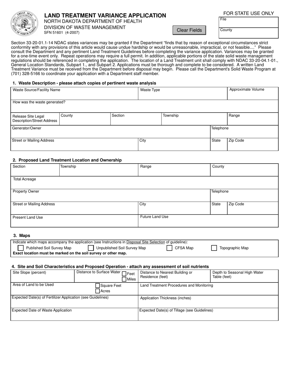 Form SFN51601 Land Treatment Variance Application - North Dakota, Page 1