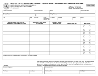Document preview: Form SFN8390 Release of Abandoned Motor Vehicle/Scrap Metal - Abandoned Automobile Program - North Dakota