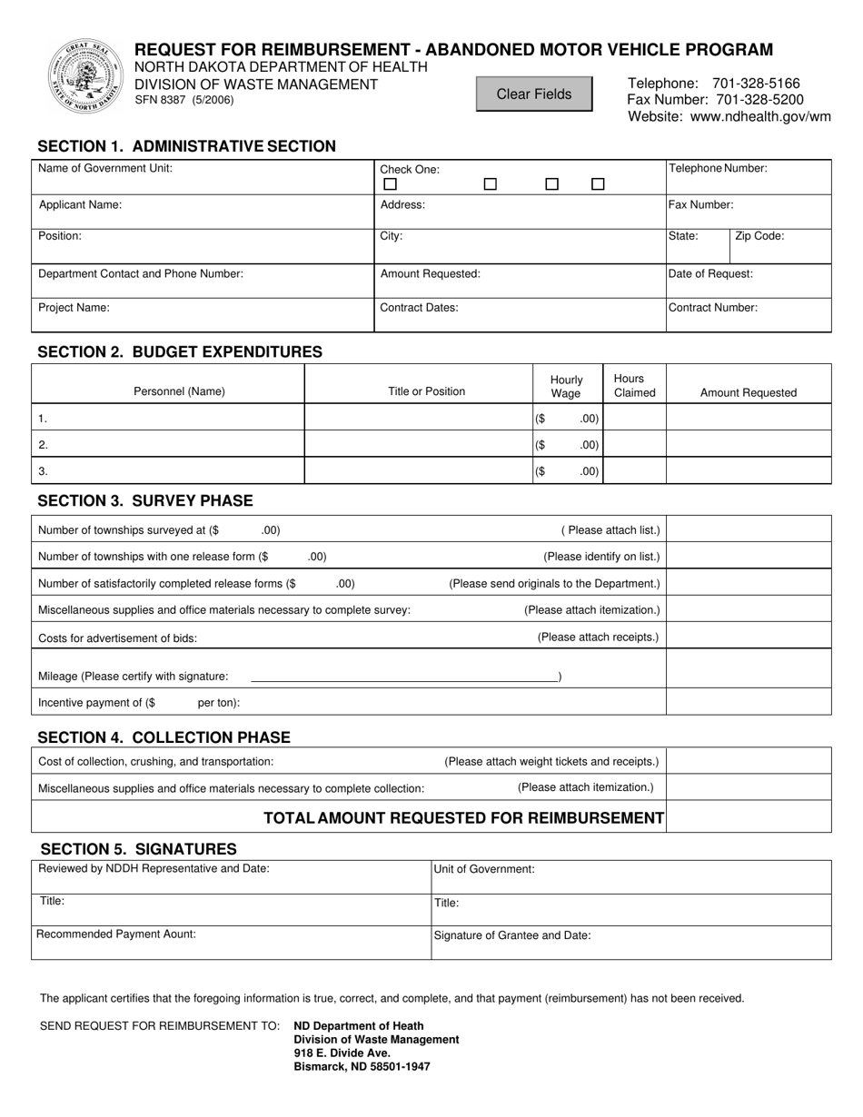 Form SFN8387 Request for Reimbursement - Abandoned Motor Vehicle Program - North Dakota, Page 1