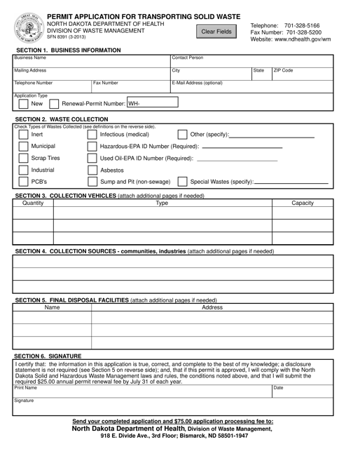 Form SFN8391 Permit Application for Transporting Solid Waste - North Dakota