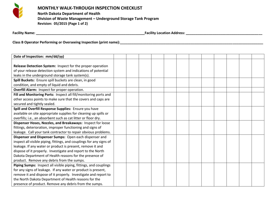 Monthly Walk-Through Inspection Checklist - North Dakota, Page 1