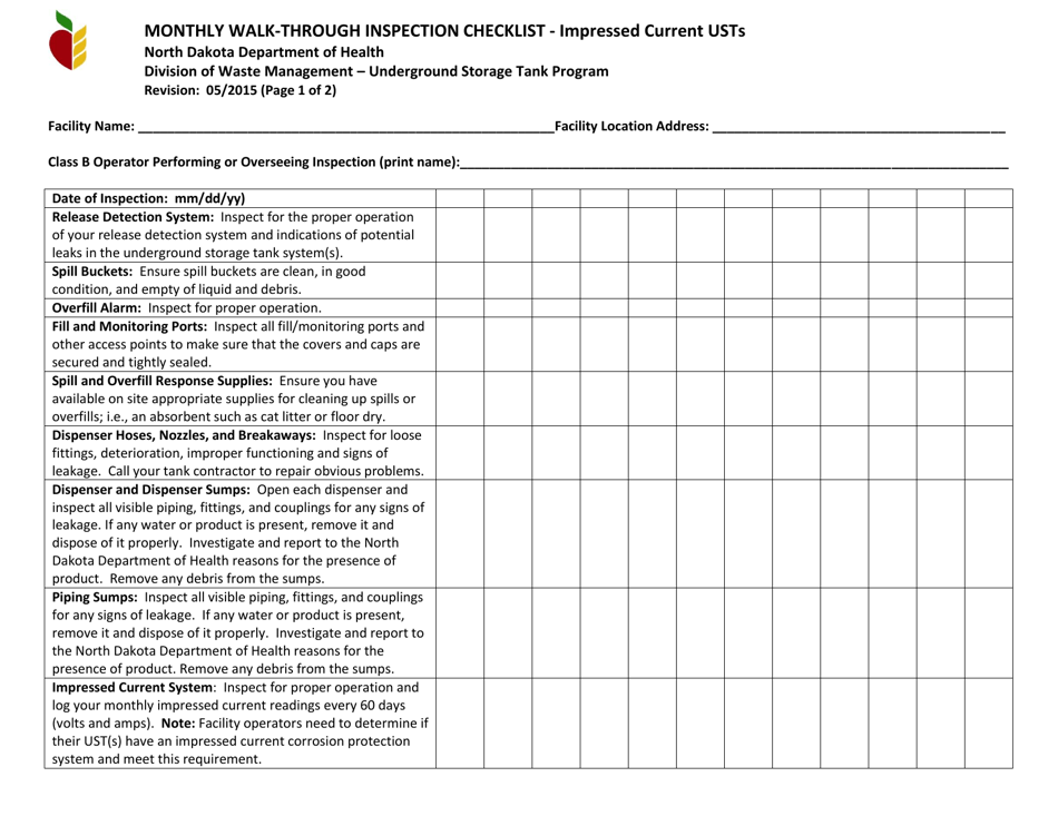 Monthly Walk-Through Inspection Checklist - Impressed Current Usts - North Dakota, Page 1