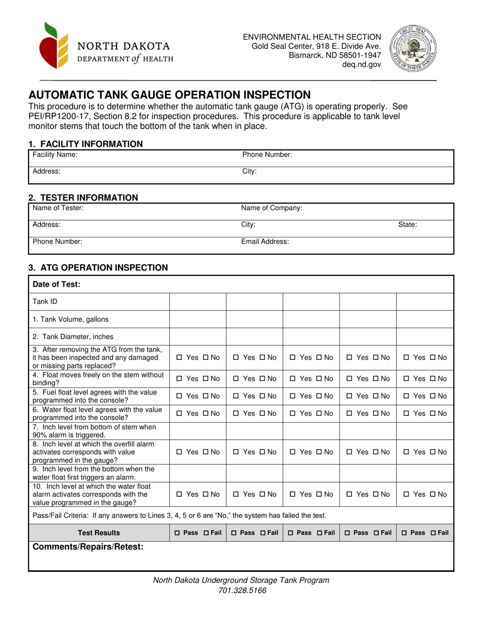 Automatic Tank Gauge Operation Inspection Form - North Dakota, Page 1