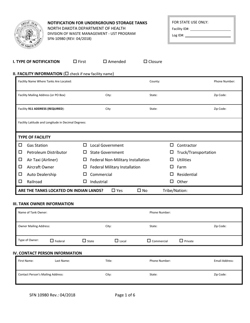 Form SFN-10980 Notification for Underground Storage Tanks - North Dakota, Page 1