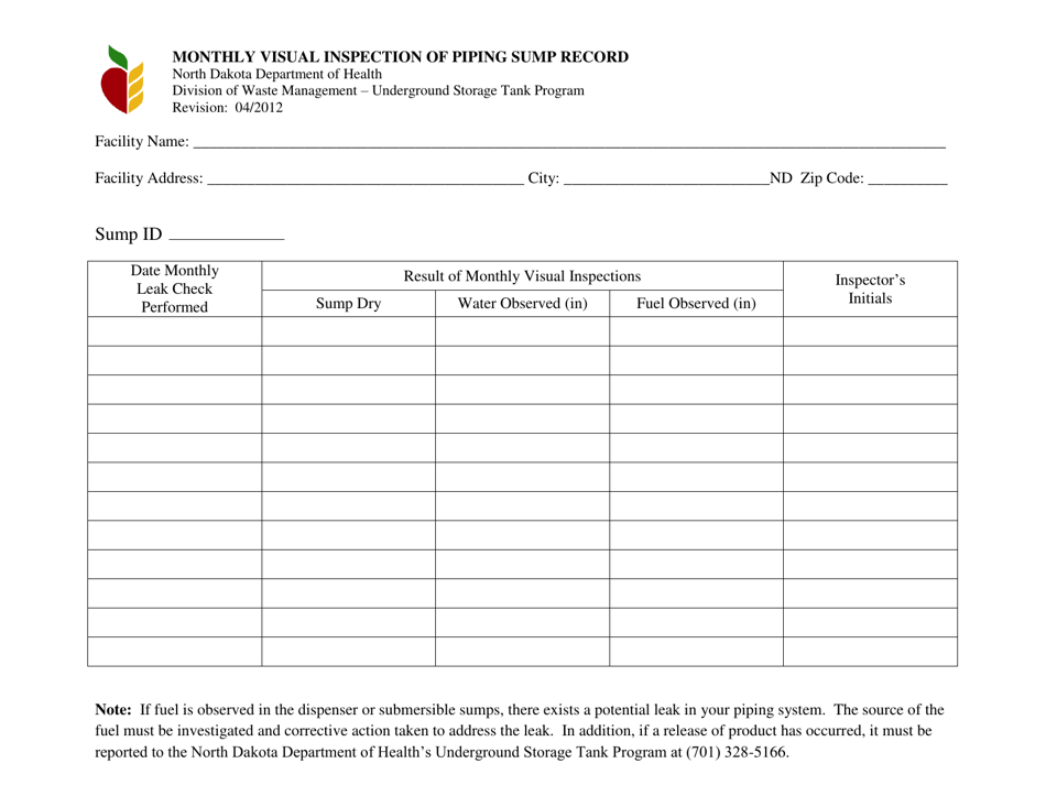 North Dakota Monthly Visual Inspection of Piping Sump Record - Fill Out ...