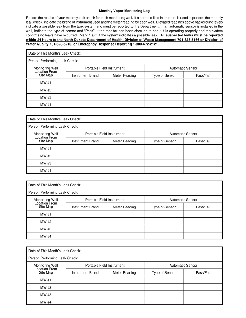 Monthly Vapor Monitoring Log - North Dakota, Page 2