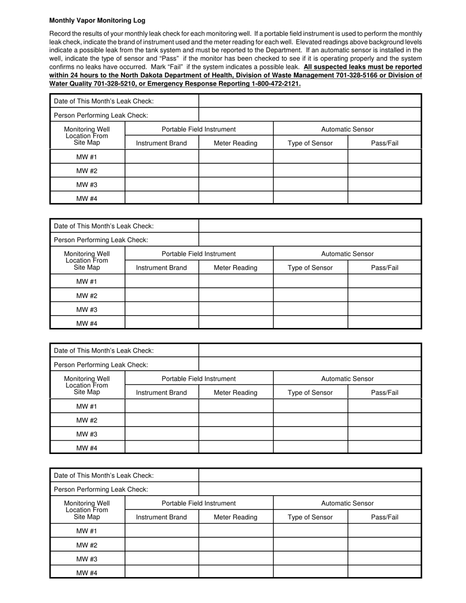 Monthly Vapor Monitoring Log - North Dakota, Page 3