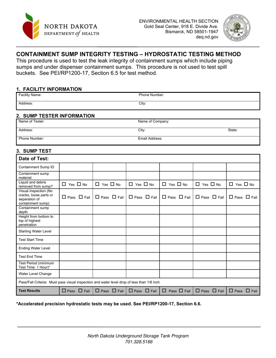 North Dakota Containment Sump Integrity Testing " Hydrostatic Testing