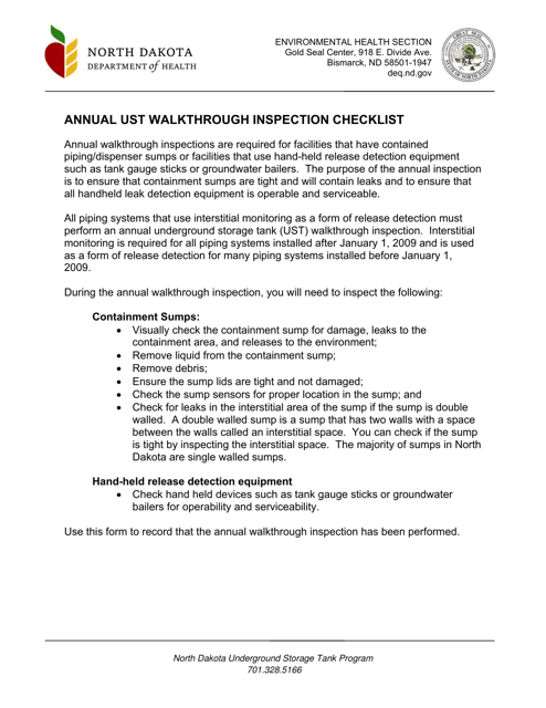 Annual Ust Walkthrough Inspection Checklist - North Dakota Download Pdf