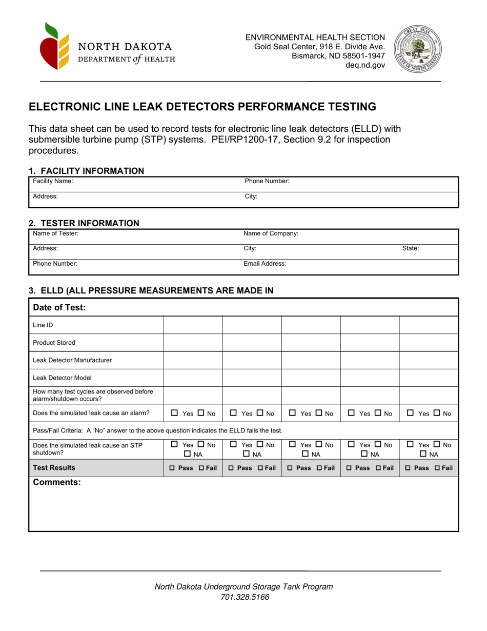 Electronic Line Leak Detectors Performance Testing Form - North Dakota, Page 1