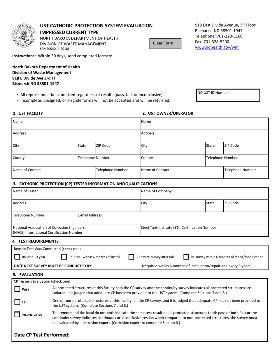 Form SFN60640 Ust Cathodic Protection System Evaluation Impressed Current Type - North Dakota, Page 1