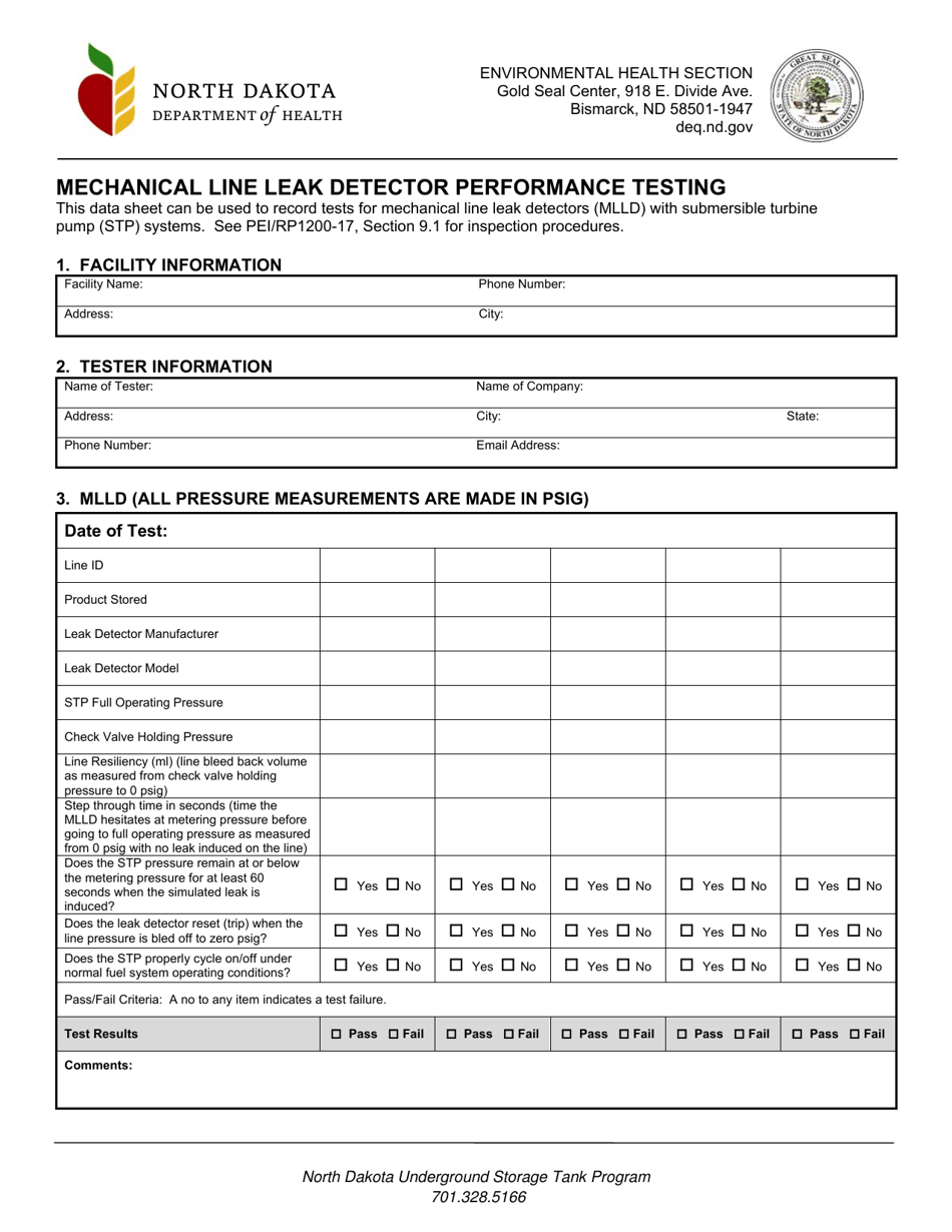 Mechanical Line Leak Detector Performance Testing Form - North Dakota, Page 1