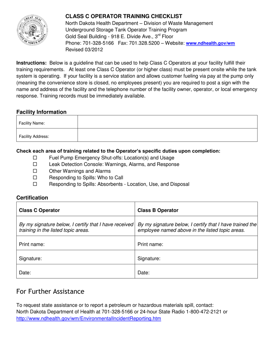 Class C Operator Training Checklist - North Dakota, Page 1