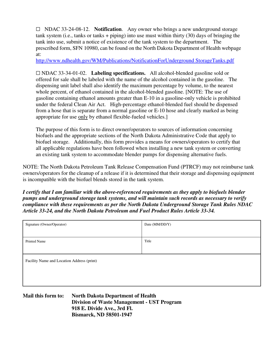 Form SFN59146 Certification of Biofuels Blender Pump Installation - North Dakota, Page 2