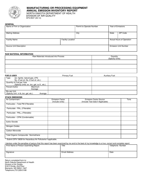 Form SFN8537 Manufacturing or Processing Equipment Annual Emission Inventory Report - North Dakota