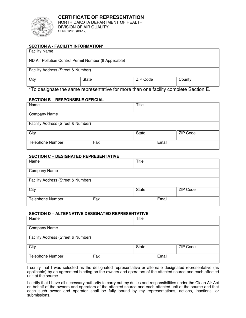Form SFN61205 Certificate of Representation - North Dakota, Page 1