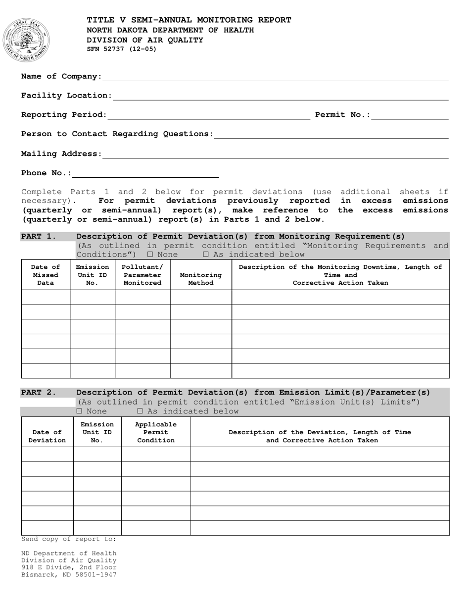 Form SFN52737 Title V Semi-annual Monitoring Report - North Dakota, Page 1